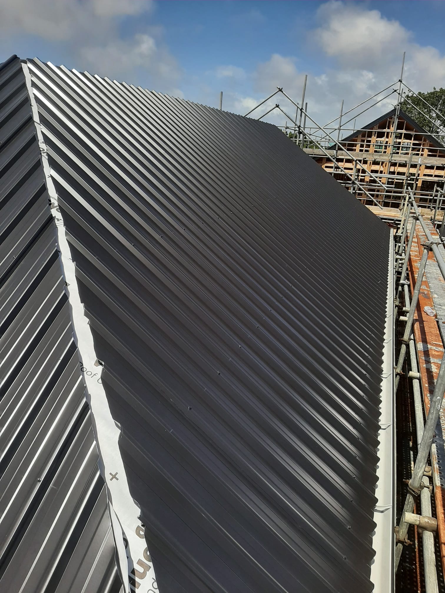 Curved Coloursteel longrun section over scaffolded new build â€” Auckland